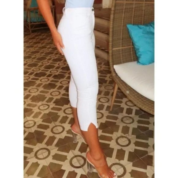White High Waist Split Hem Skinny Capri Jeans Denim Pants - Picture 8 of 14